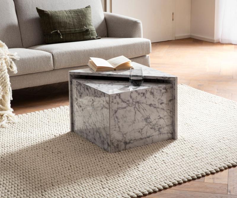 Elegant Sofabordssæt Monobloc i Hvid Højglans med Marmorlook