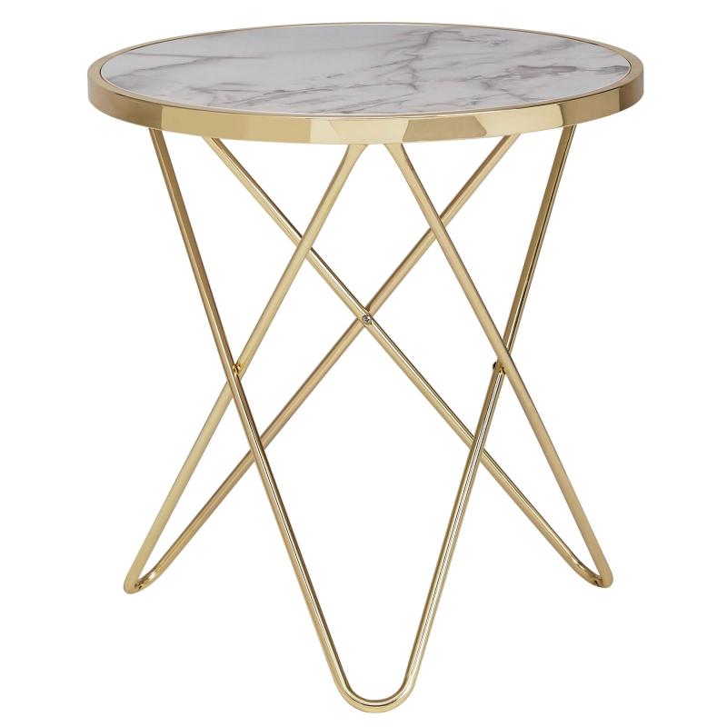 Elegant rundt sofabord i hvid marmorlook med guld