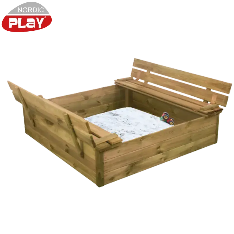 Sandkasse 120x120 cm med vippe låg og bænk, inkl. sand