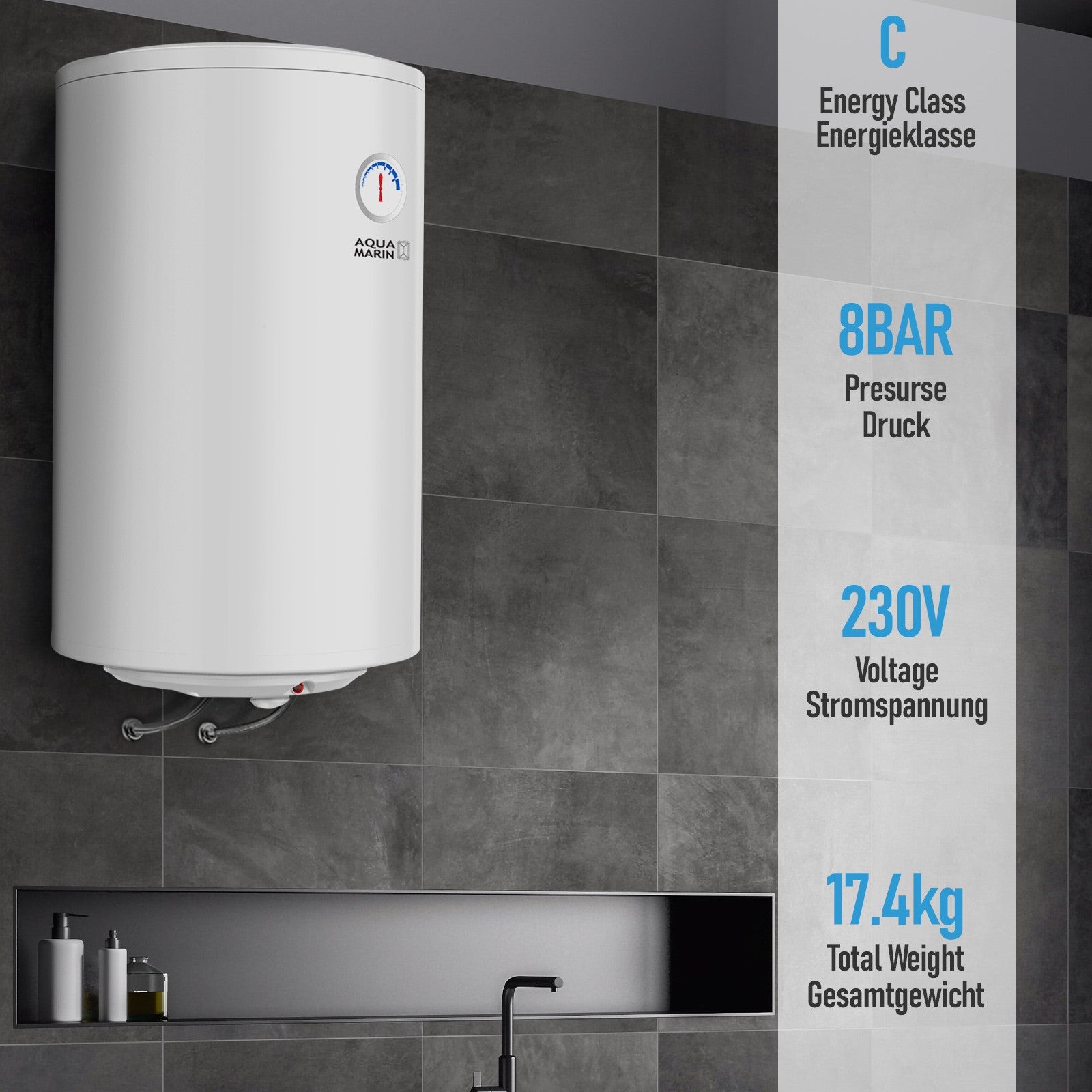 Aquamarinâ® Elektro Antikalk Varmtvandsbeholder   50 L, 1,5 Kw, Vægmonteret, Anticalc, Eek B C, Emaljeret Inderbeholder fra Ff Europe